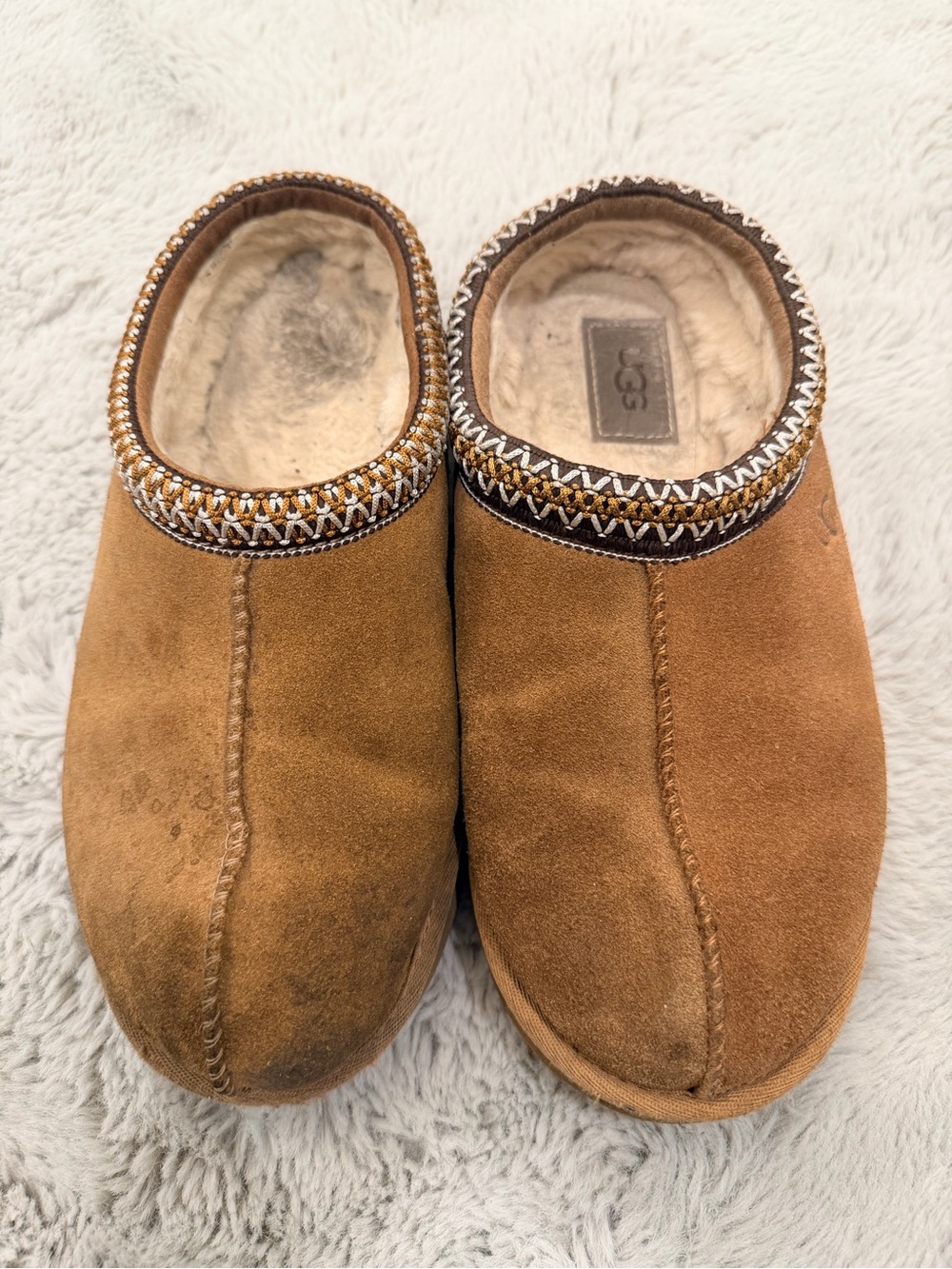 UGG Tasman Chestnut Suede Slippers Embroidered Trim Women’s